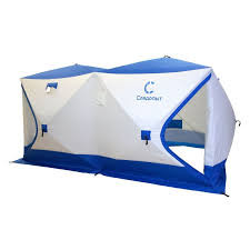 Палатка зимняя куб СЛЕДОПЫТ 3,8х1,9 м 2-х комнатная S по полу 7,2 кв.м 3 слоя цв. синий/белый
